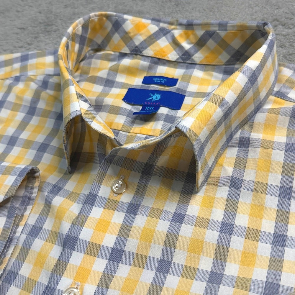 Egara Mens XXL Slim Fit Non-Iron Button Down Shirt Yellow Grey Plaid Long Sleeve